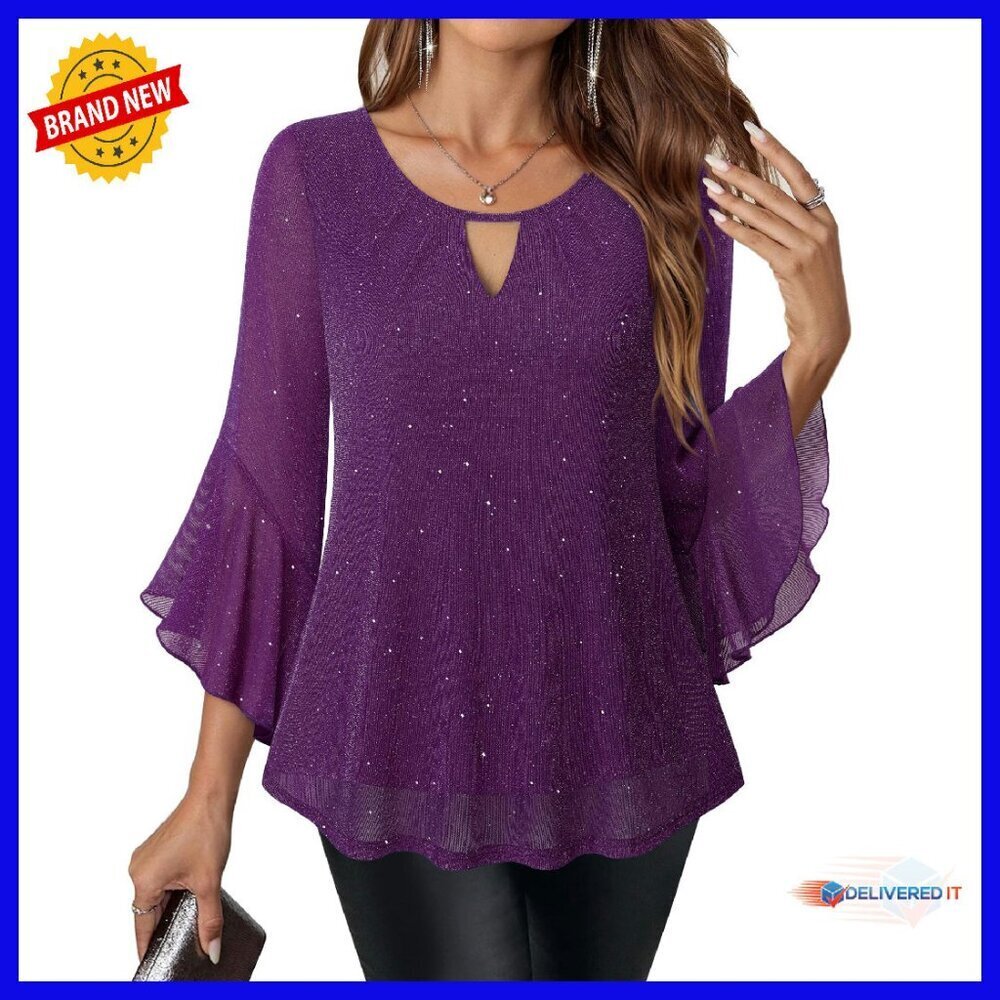 Sparkly Mesh 3/4 Sleeve Ruffle Blouse Glitter Party Top